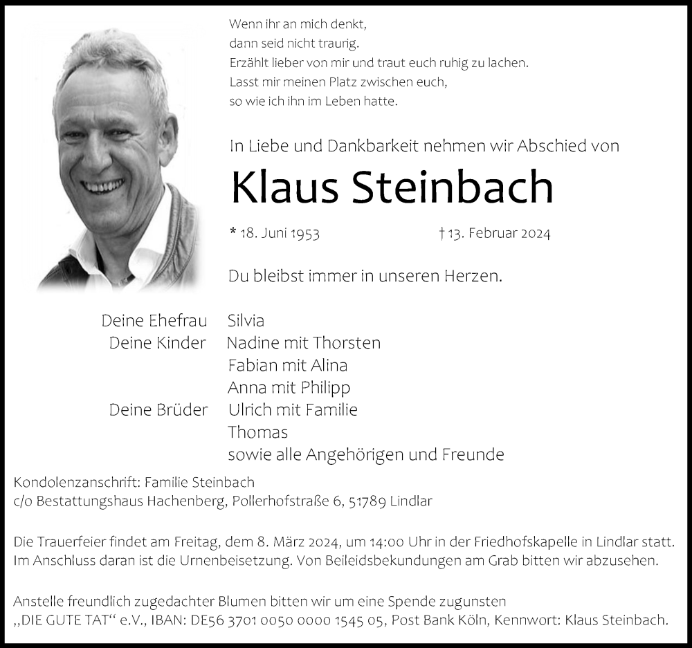  Traueranzeige für Klaus Steinbach vom 24.02.2024 aus Kölner Stadt-Anzeiger / Kölnische Rundschau / Express