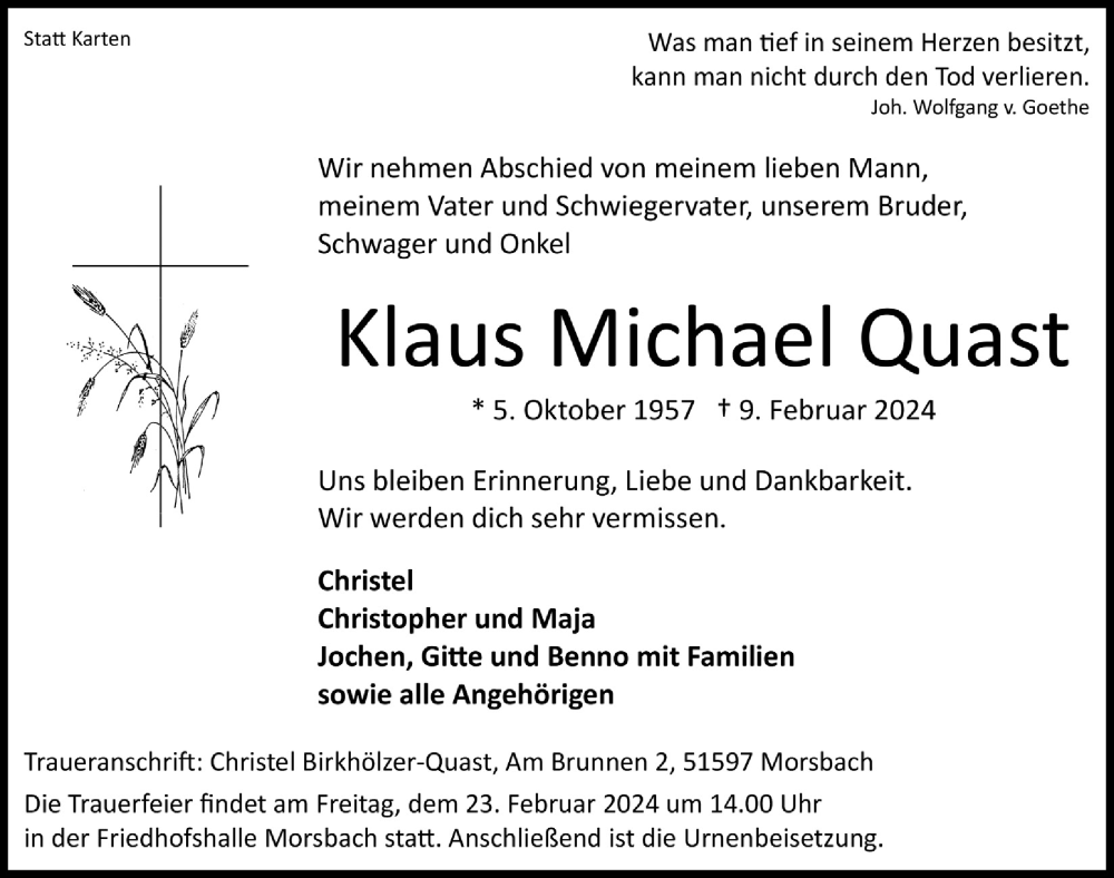  Traueranzeige für Klaus Michael Quast vom 16.02.2024 aus  Lokalanzeiger 
