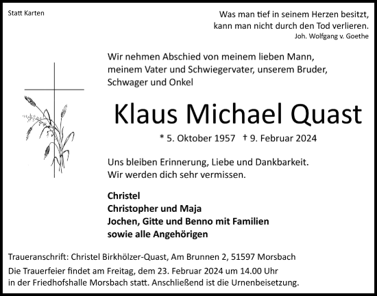 Anzeige von Klaus Michael Quast von  Lokalanzeiger 