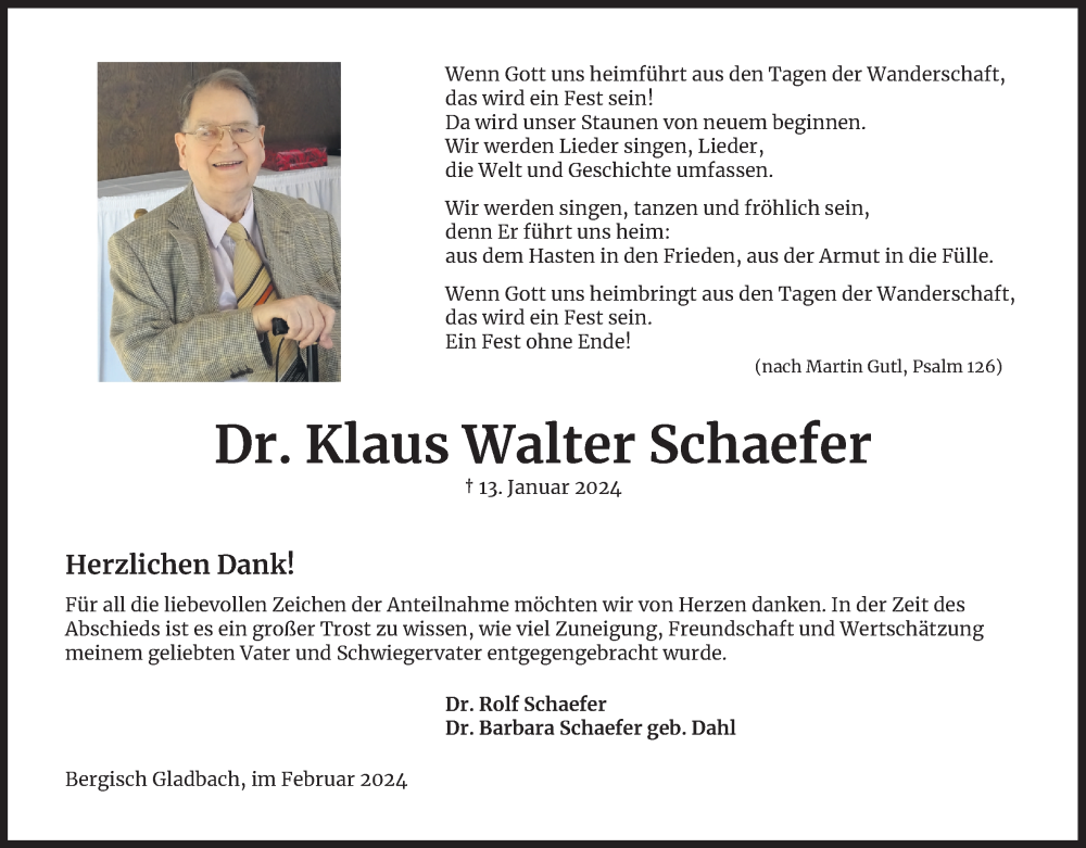  Traueranzeige für Klaus Walter Schaefer vom 24.02.2024 aus Kölner Stadt-Anzeiger / Kölnische Rundschau / Express
