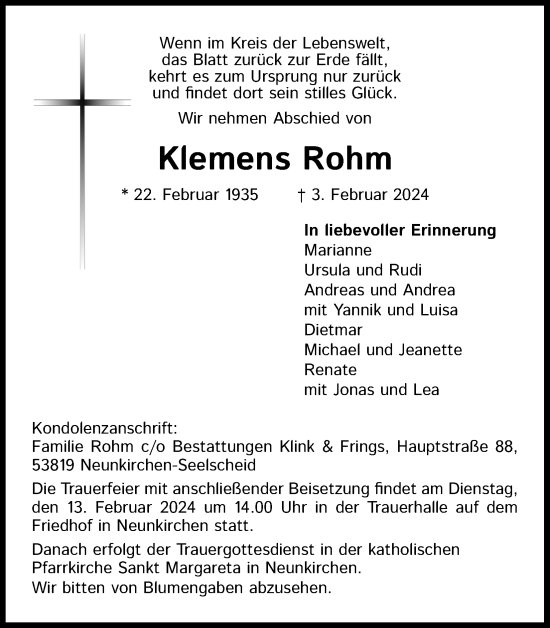 Anzeige von Klemens Rohm von Kölner Stadt-Anzeiger / Kölnische Rundschau / Express