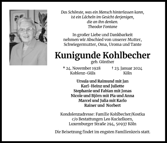 Anzeige von Kunigunde Kohlbecher von Kölner Stadt-Anzeiger / Kölnische Rundschau / Express