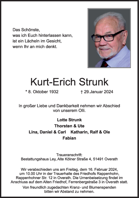 Anzeige von Kurt-Erich Strunk von Kölner Stadt-Anzeiger / Kölnische Rundschau / Express