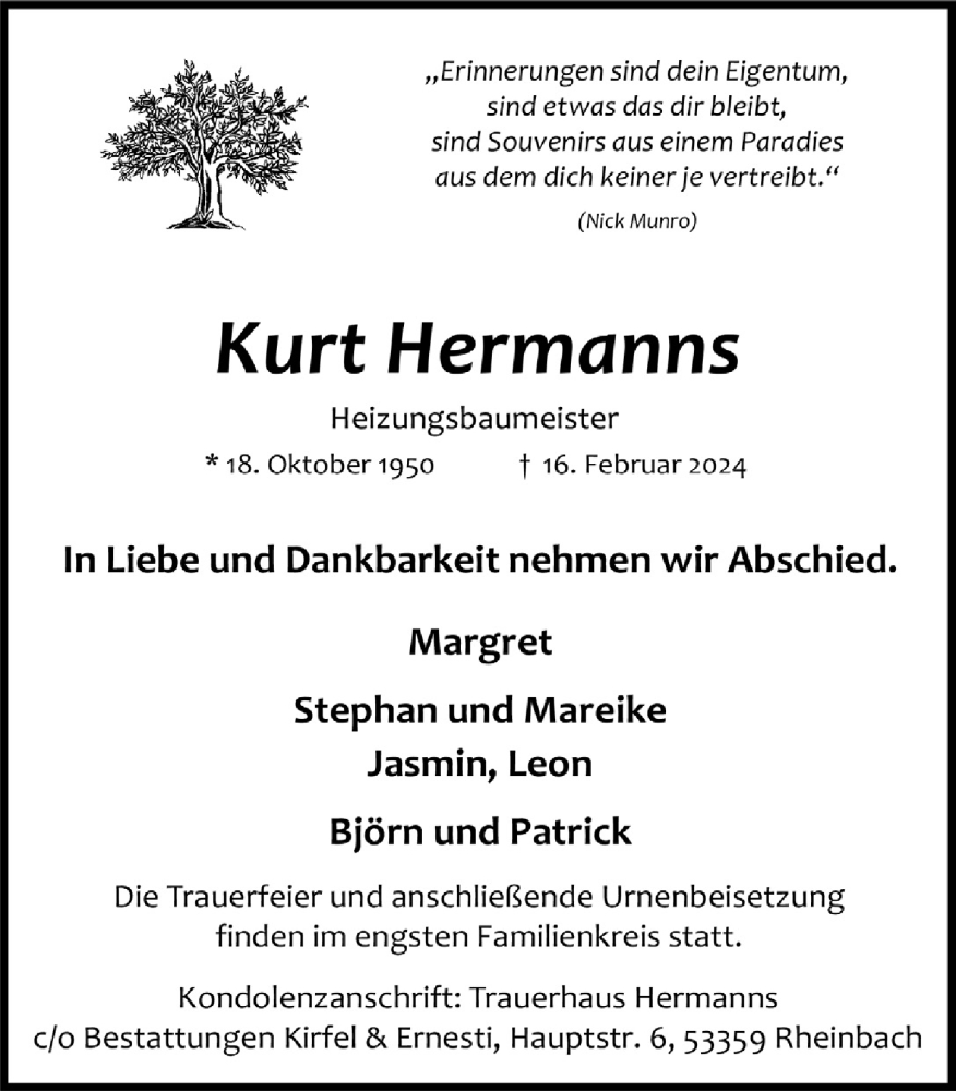  Traueranzeige für Kurt Hermanns vom 23.02.2024 aus  Schaufenster/Blickpunkt 