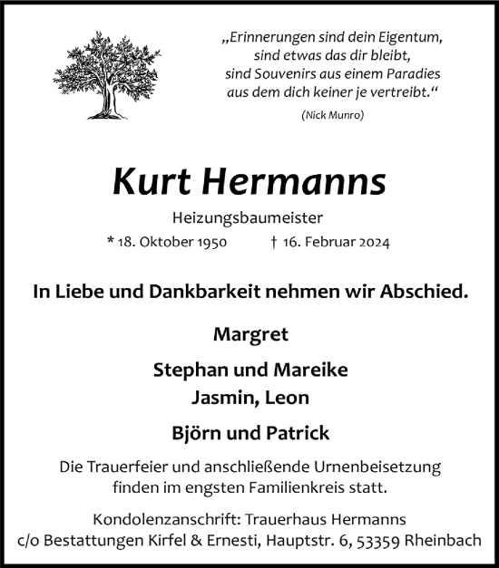 Anzeige von Kurt Hermanns von  Schaufenster/Blickpunkt 