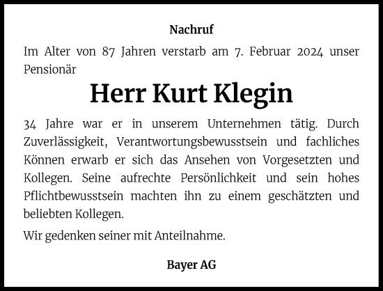 Anzeige von Kurt Klegin von Kölner Stadt-Anzeiger / Kölnische Rundschau / Express