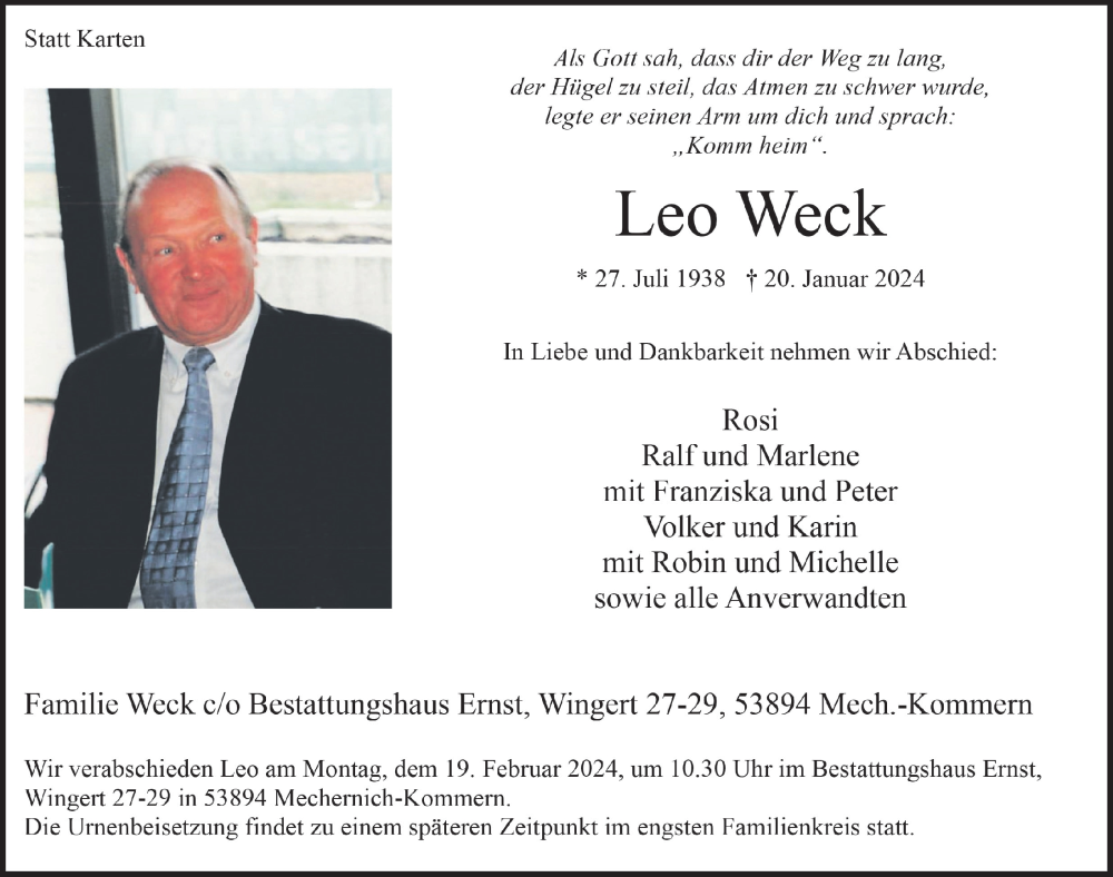  Traueranzeige für Leo Weck vom 03.02.2024 aus  Blickpunkt Euskirchen 