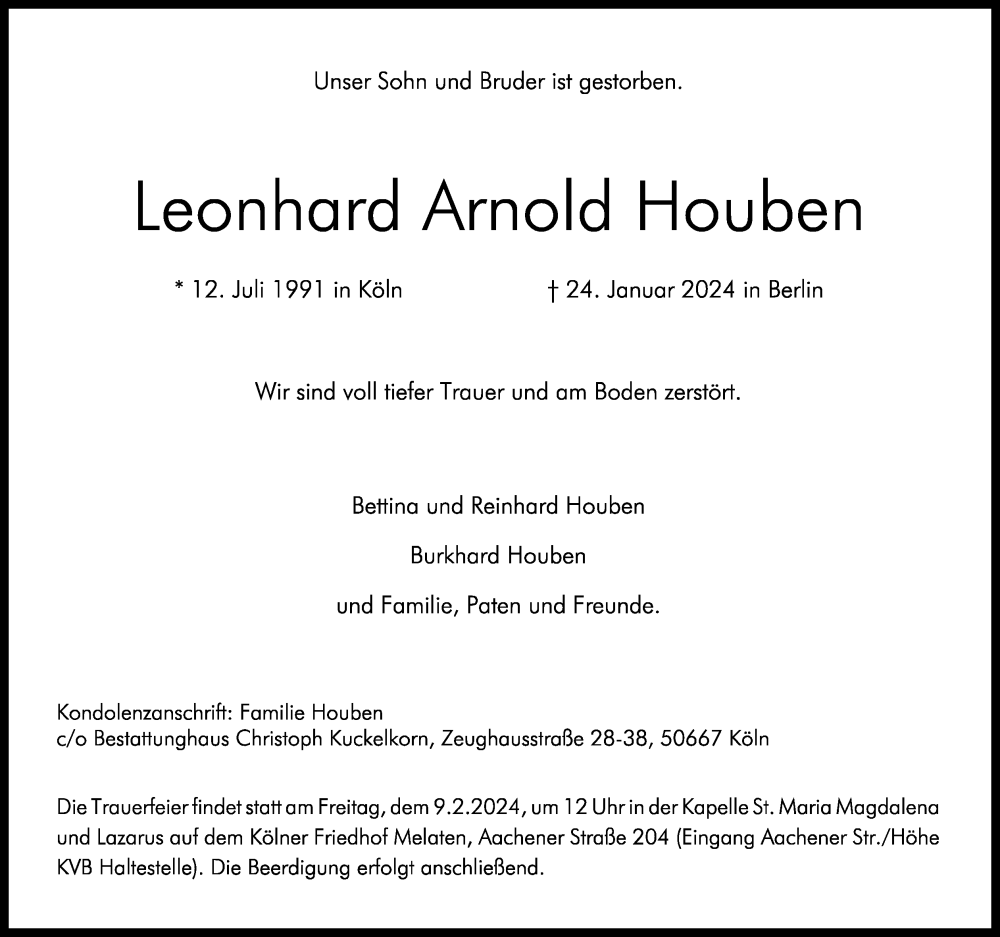  Traueranzeige für Leonhard Arnold Houben vom 03.02.2024 aus Kölner Stadt-Anzeiger / Kölnische Rundschau / Express