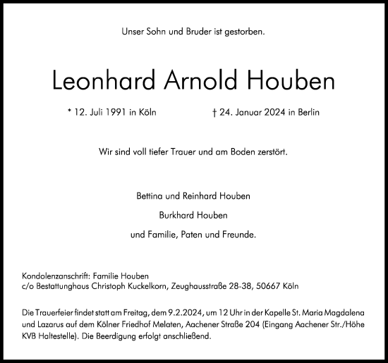 Anzeige von Leonhard Arnold Houben von Kölner Stadt-Anzeiger / Kölnische Rundschau / Express