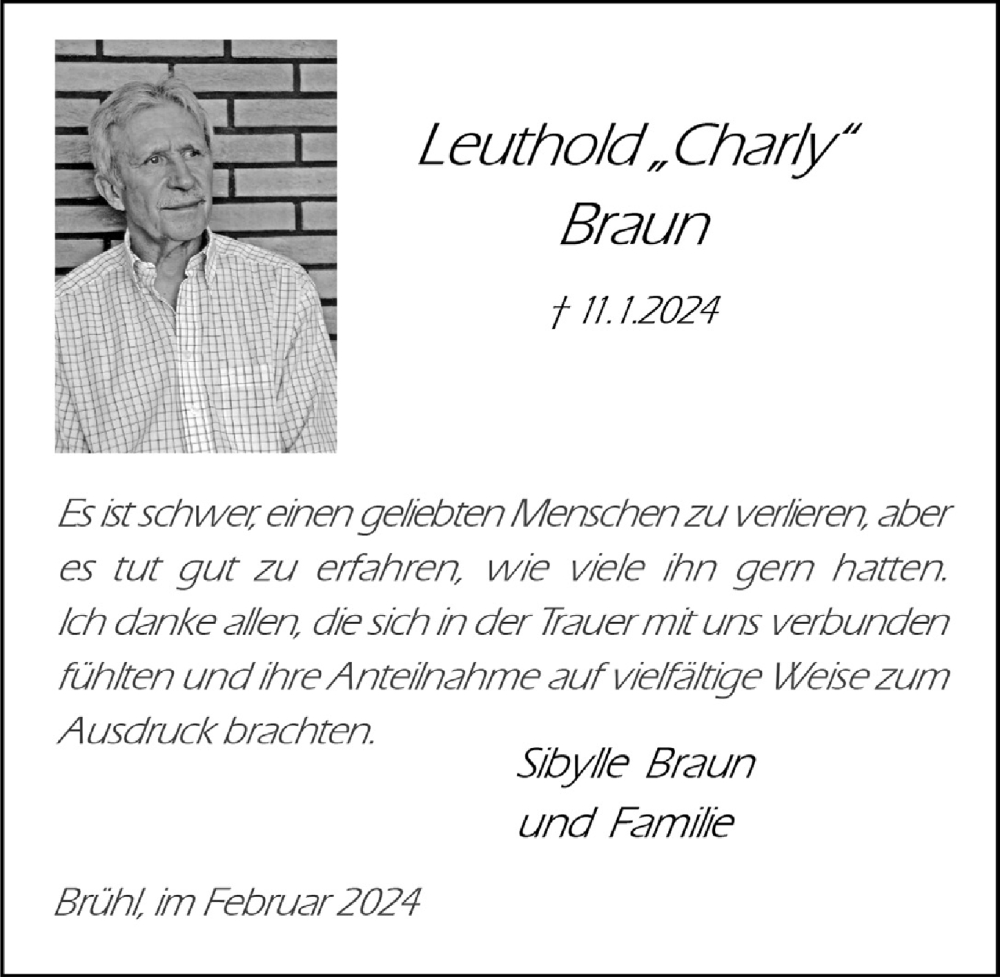  Traueranzeige für Leuthold Braun vom 23.02.2024 aus  Schlossbote/Werbekurier 