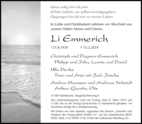 Anzeige von Li Emmerich von Kölner Stadt-Anzeiger / Kölnische Rundschau / Express