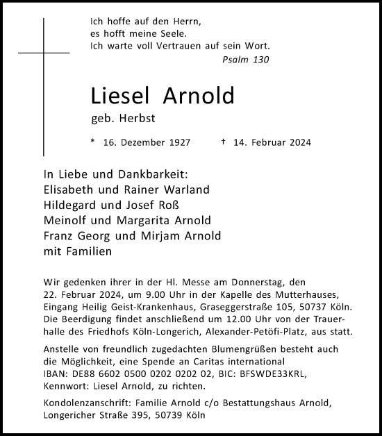 Anzeige von Liesel Arnold von Kölner Stadt-Anzeiger / Kölnische Rundschau / Express