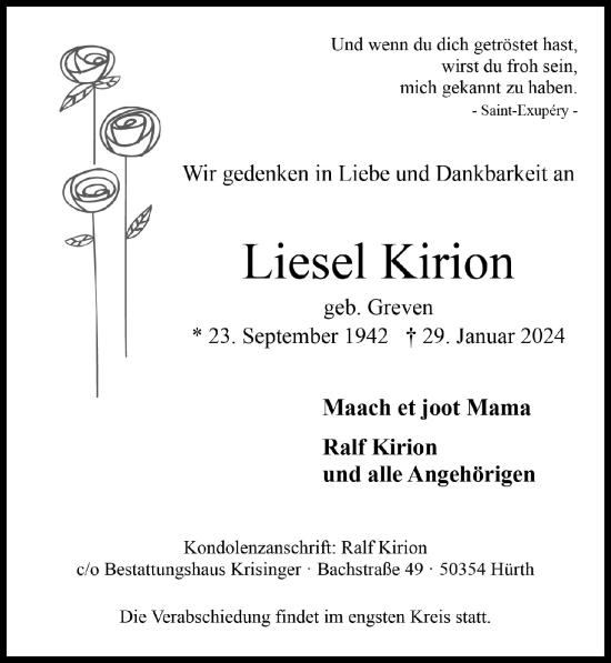 Anzeige von Liesel Kirion von  Wochenende 