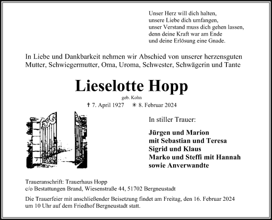 Anzeige von Lieselotte Hopp von Kölner Stadt-Anzeiger / Kölnische Rundschau / Express