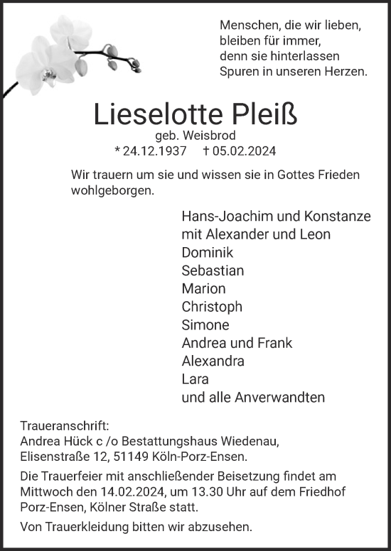 Anzeige von Lieselotte Pleiß von  EXPRESS - Die Woche 