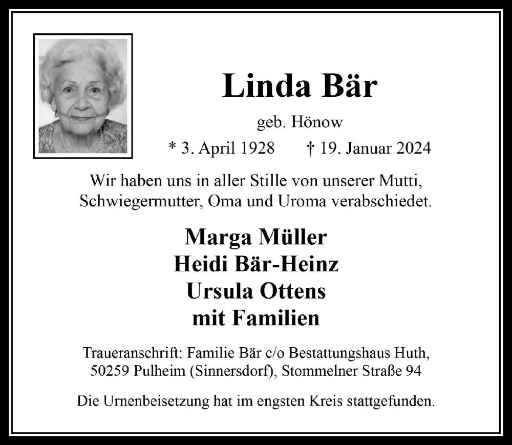  Traueranzeige für Linda Bär vom 02.02.2024 aus  Wochenende 