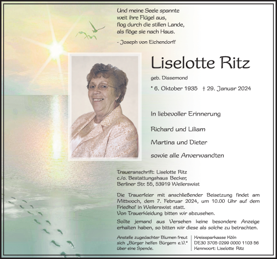 Anzeige von Liselotte Ritz von Kölner Stadt-Anzeiger / Kölnische Rundschau / Express