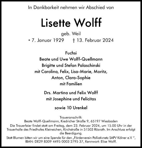Anzeige von Lisette Wolff von Kölner Stadt-Anzeiger / Kölnische Rundschau / Express
