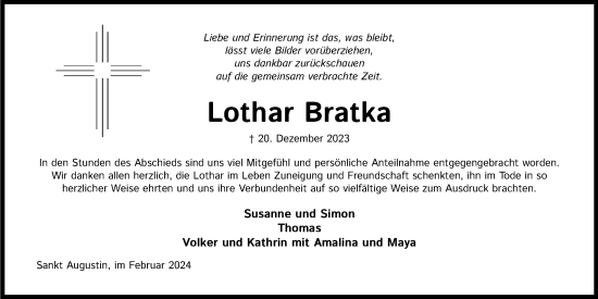 Anzeige von Lothar Bratka von Kölner Stadt-Anzeiger / Kölnische Rundschau / Express