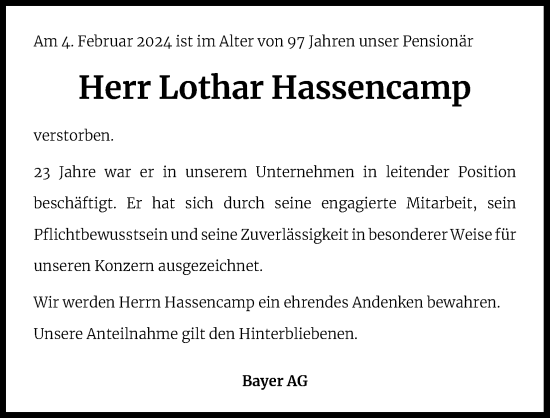 Anzeige von Lothar Hassencamp von Kölner Stadt-Anzeiger / Kölnische Rundschau / Express