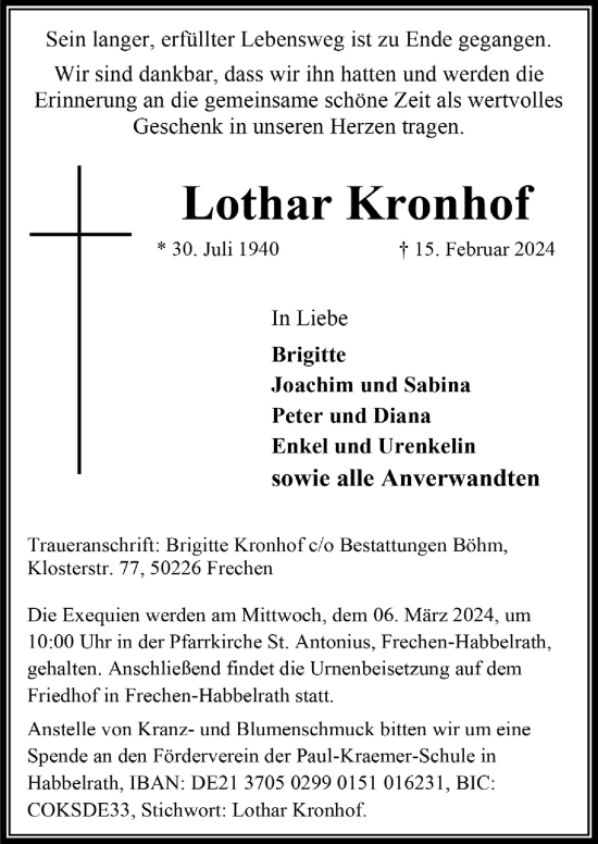 Anzeige von Lothar Kronhof von  Wochenende 