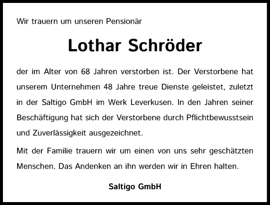 Anzeige von Lothar Schröder von Kölner Stadt-Anzeiger / Kölnische Rundschau / Express