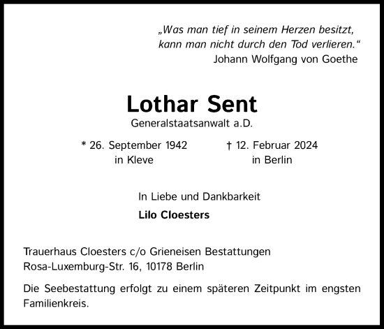 Anzeige von Lothar Sent von Kölner Stadt-Anzeiger / Kölnische Rundschau / Express