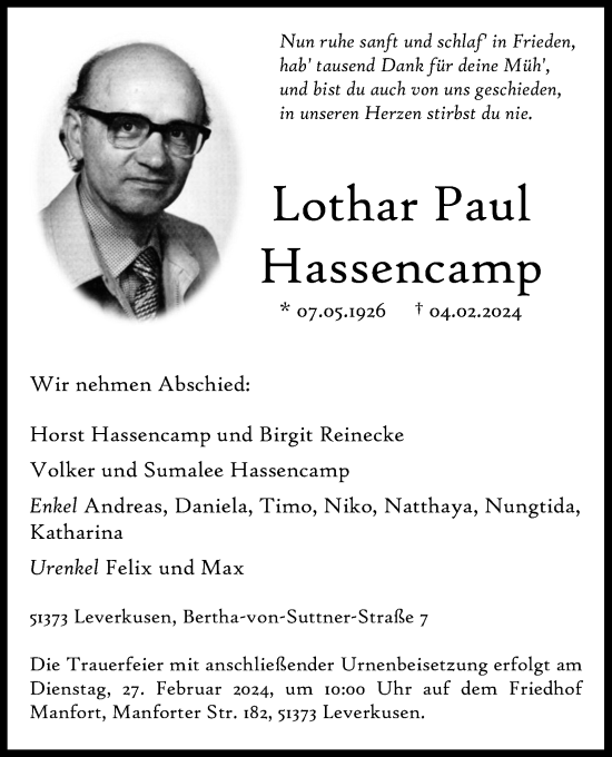 Anzeige von Lothar Paul Hassencamp von Kölner Stadt-Anzeiger / Kölnische Rundschau / Express