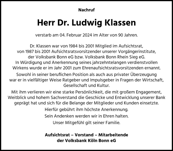 Anzeige von Ludwig Klassen von Kölner Stadt-Anzeiger / Kölnische Rundschau / Express