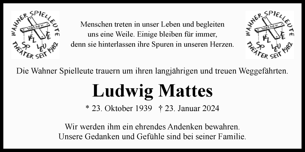  Traueranzeige für Ludwig Mattes vom 02.02.2024 aus  EXPRESS - Die Woche 
