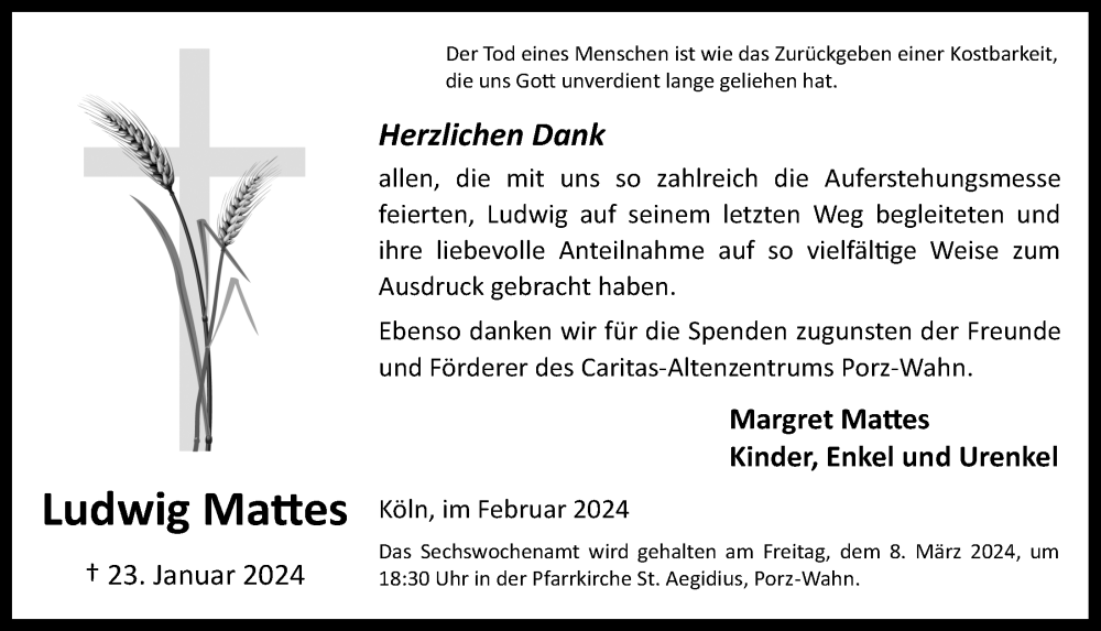  Traueranzeige für Ludwig Mattes vom 23.02.2024 aus  EXPRESS - Die Woche 