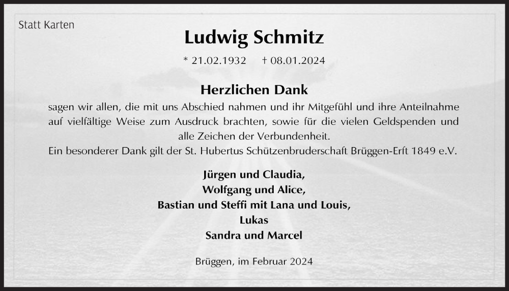  Traueranzeige für Ludwig Schmitz vom 09.02.2024 aus  Werbepost 
