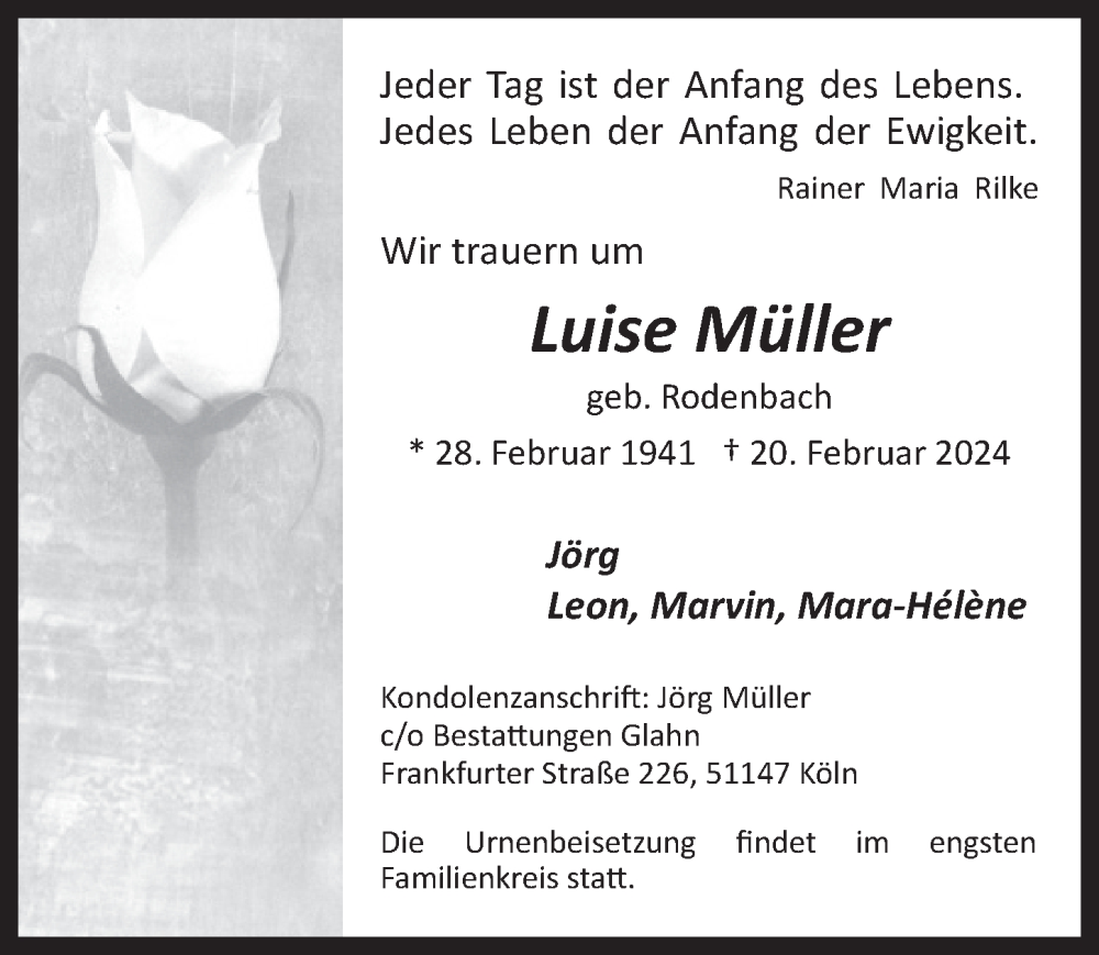  Traueranzeige für Luise Müller vom 01.03.2024 aus  EXPRESS - Die Woche 