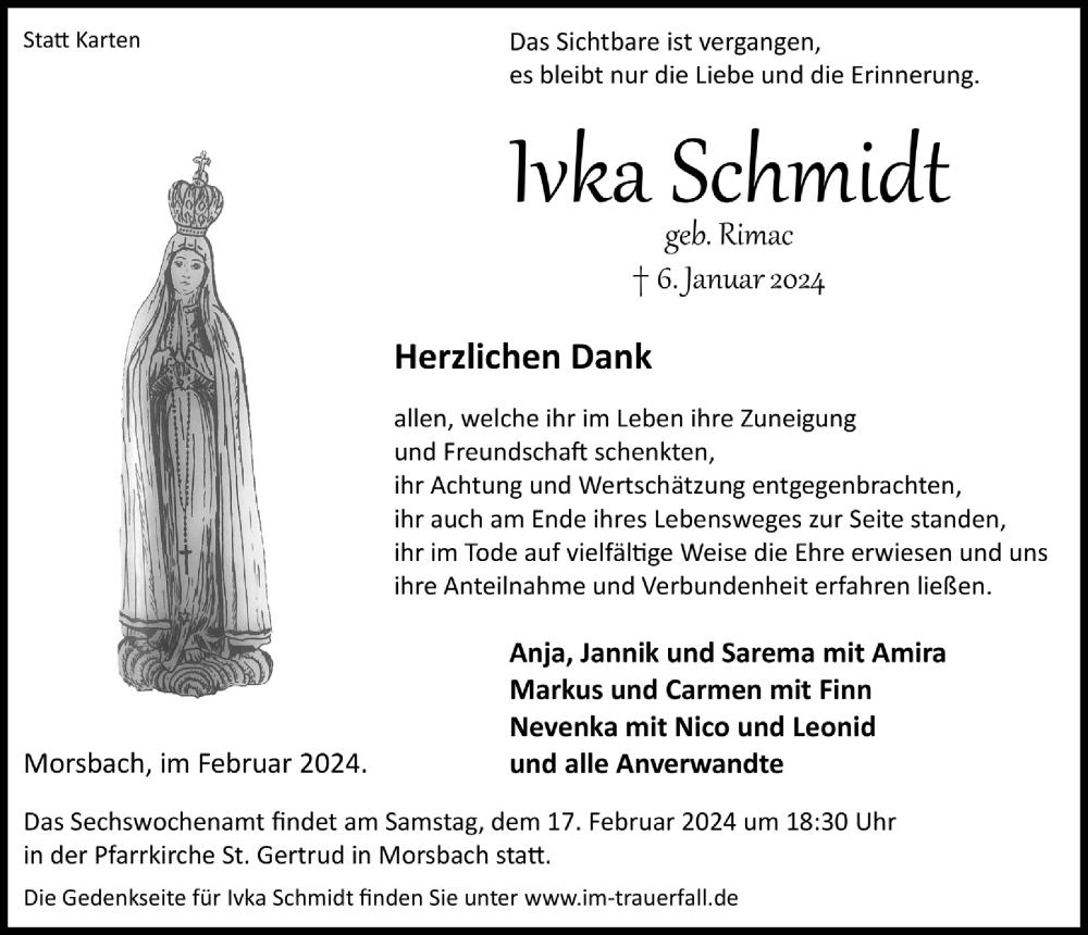  Traueranzeige für lvka Schmidt vom 09.02.2024 aus  Lokalanzeiger 