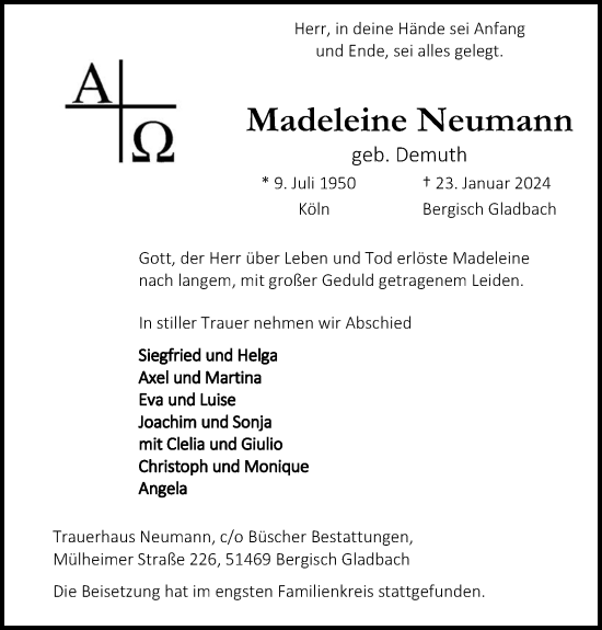 Anzeige von Madeleine Neumann von Kölner Stadt-Anzeiger / Kölnische Rundschau / Express