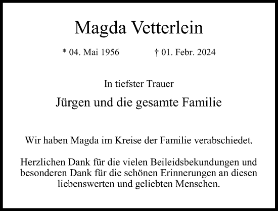 Anzeige von Magda Vetterlein von Kölner Stadt-Anzeiger / Kölnische Rundschau / Express