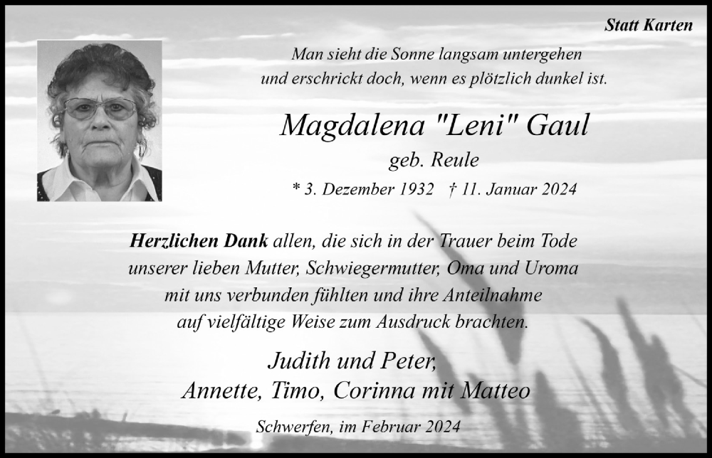  Traueranzeige für Magdalena Gaul vom 17.02.2024 aus  Blickpunkt Euskirchen 