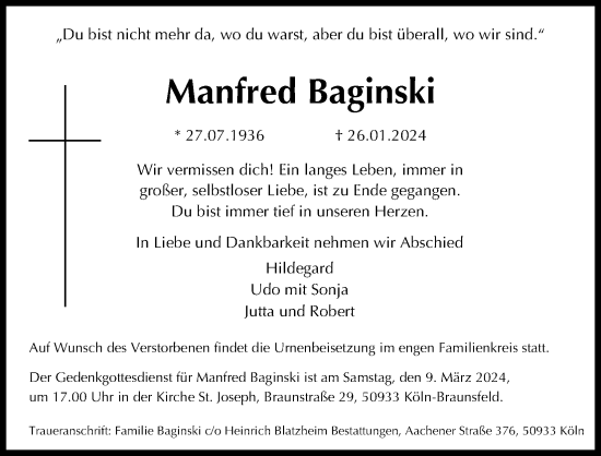 Anzeige von Manfred Baginski von Kölner Stadt-Anzeiger / Kölnische Rundschau / Express