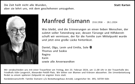 Anzeige von Manfred Eismann von Kölner Stadt-Anzeiger / Kölnische Rundschau / Express