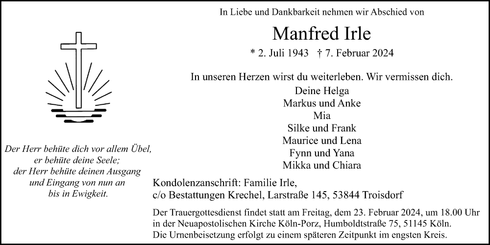  Traueranzeige für Manfred Irle vom 17.02.2024 aus Kölner Stadt-Anzeiger / Kölnische Rundschau / Express