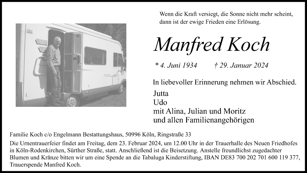  Traueranzeige für Manfred Koch vom 10.02.2024 aus Kölner Stadt-Anzeiger / Kölnische Rundschau / Express