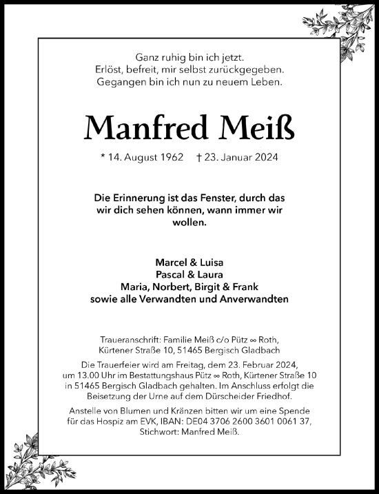 Anzeige von Manfred Meiß von  Bergisches Handelsblatt 