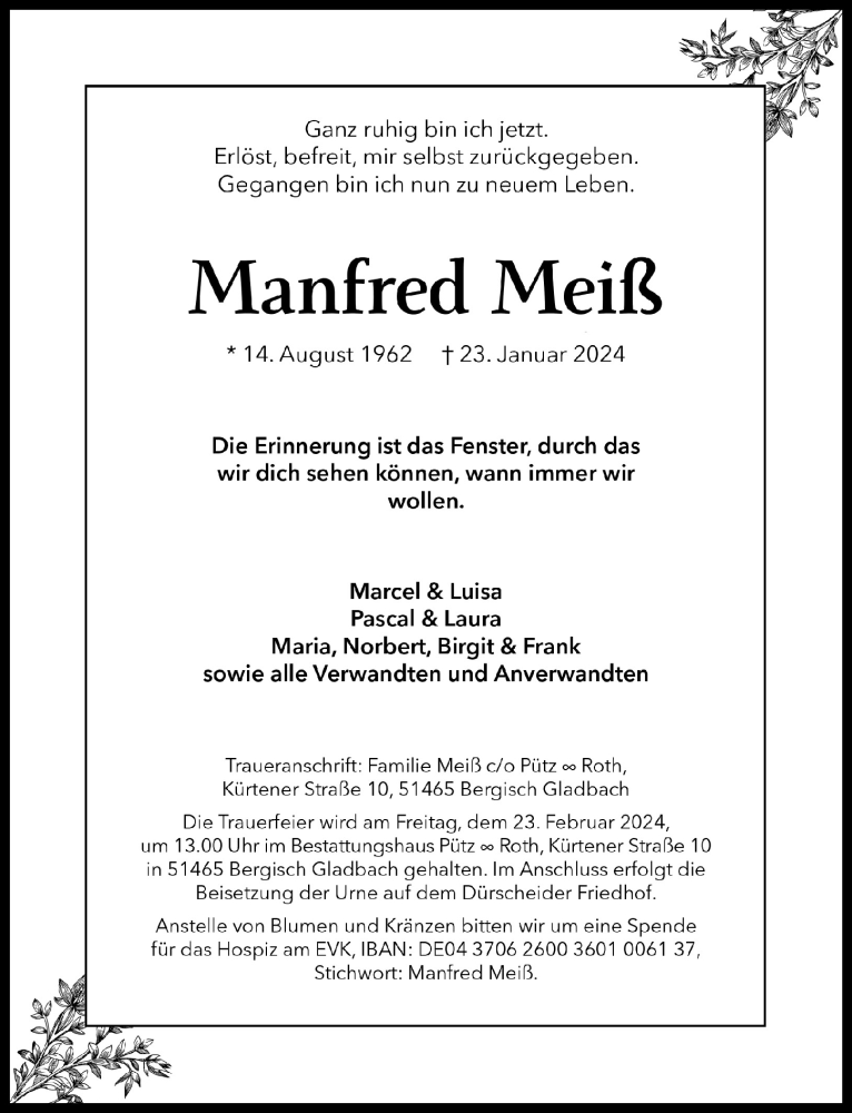  Traueranzeige für Manfred Meiß vom 09.02.2024 aus  Bergisches Handelsblatt 