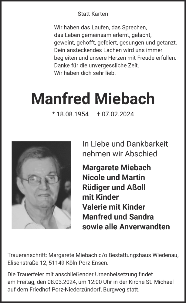 Traueranzeige für Manfred Miebach vom 23.02.2024 aus  EXPRESS - Die Woche 