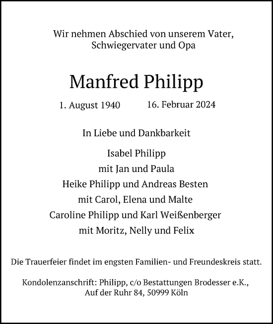 Anzeige von Manfred Philipp von Kölner Stadt-Anzeiger / Kölnische Rundschau / Express