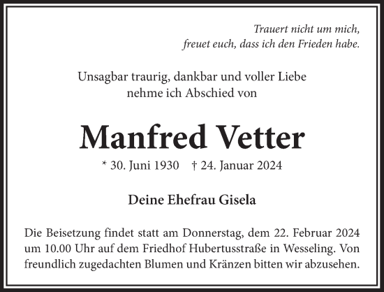 Anzeige von Manfred Vetter von  Schlossbote/Werbekurier 