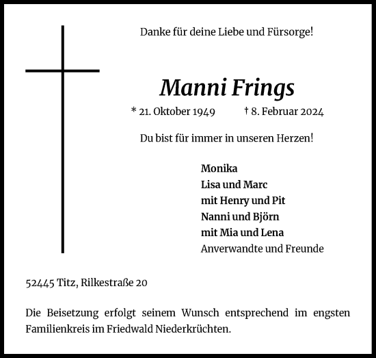 Anzeige von Manni Frings von Kölner Stadt-Anzeiger / Kölnische Rundschau / Express