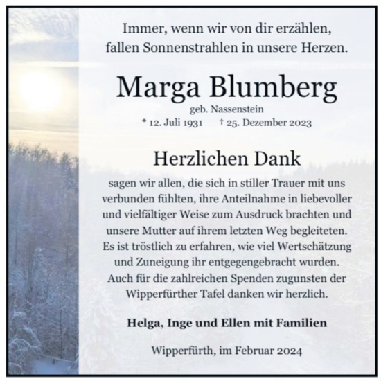 Anzeige von Marga Blumberg von Kölner Stadt-Anzeiger / Kölnische Rundschau / Express