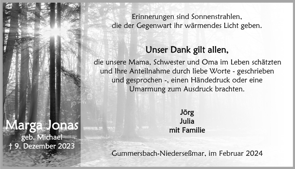  Traueranzeige für Marga Jonas vom 09.02.2024 aus  Anzeigen Echo 