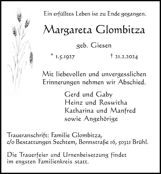 Anzeige von Margareta Glombitza von  Schlossbote/Werbekurier 